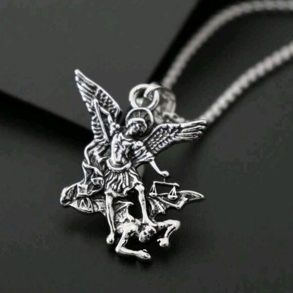 925 Silver Plated Archangel St. Michael Necklace Christmas Birthday Vtg Gift NEW